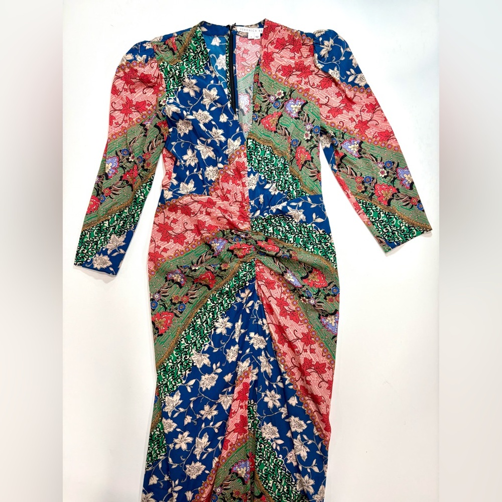 Veronica Beard Mary Ruched Patchwork 3/4 Sleeve Silk Blend Midi Dress - Picture 6 of 15